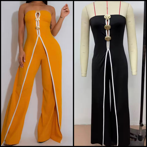Women Sexy Strapless Button Striped Asymmetrical Jumpsuit