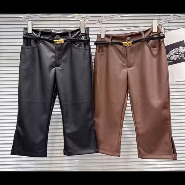 Women Color Fashion Faux Leather Capri Pants