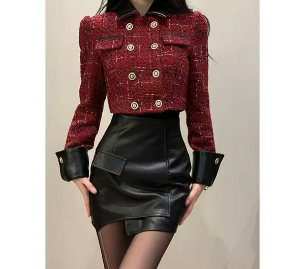 Women Fashion Faux Leather Button Tweed Two Piece Skirt Set