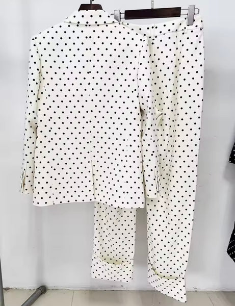 Women Fashion Bow Button Up Polka Dot Blazer Two Piece Pant Set