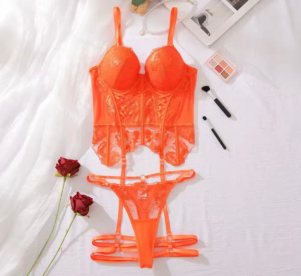 Women Orange Sexy Floral Lace Lingerie Set