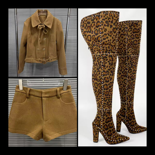 Women Brown Button Up Jacket Two Piece Fashion Short Set