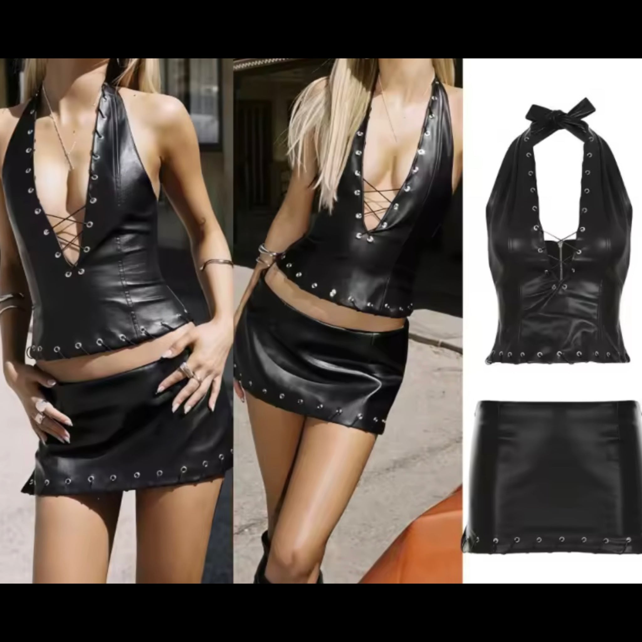 Women Sexy Black PU Halter Sleeveless Two Piece Skirt Set