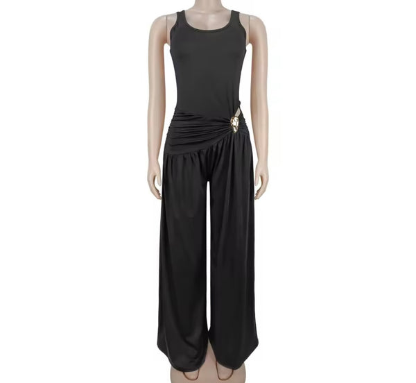 Women Sleeveless Metal Ruched Wide Leg Jumpsuit