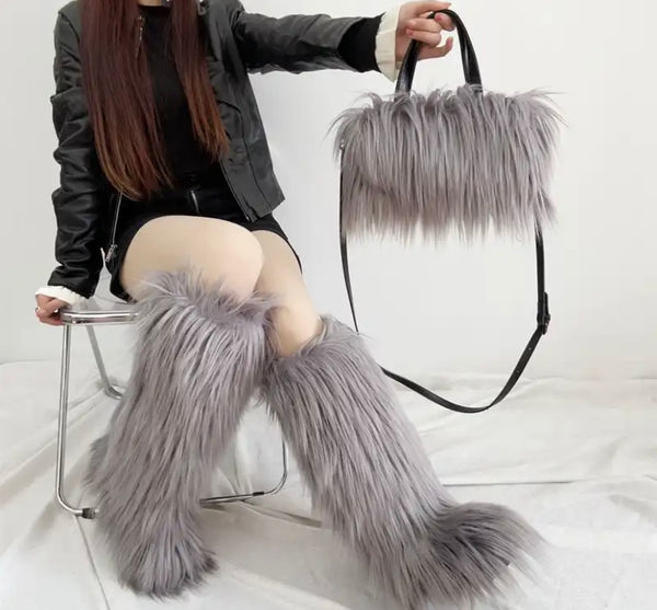 Women Fashion Color Faux Fur Knee High Boots Purse Set