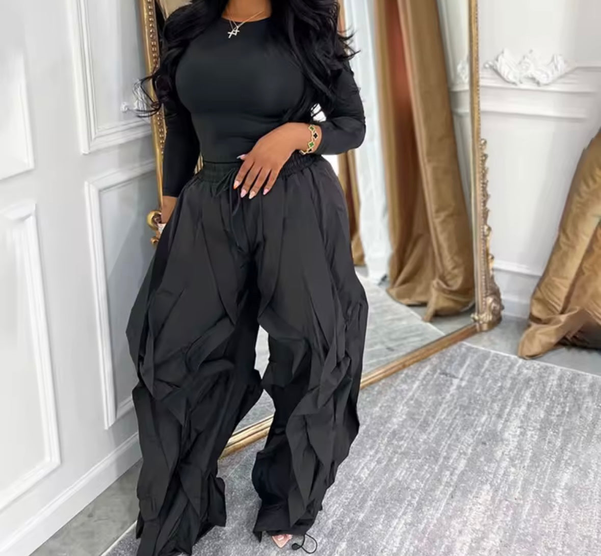 Women Fashion Solid Color Full Sleeve Two Piece Ruffled Pant Set