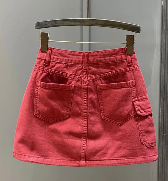 Women Fashion Side Pocket Drawstring Denim Skirt