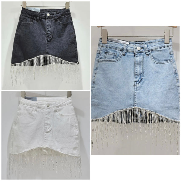 Women Fashion Bling Tassel Denim Skirt