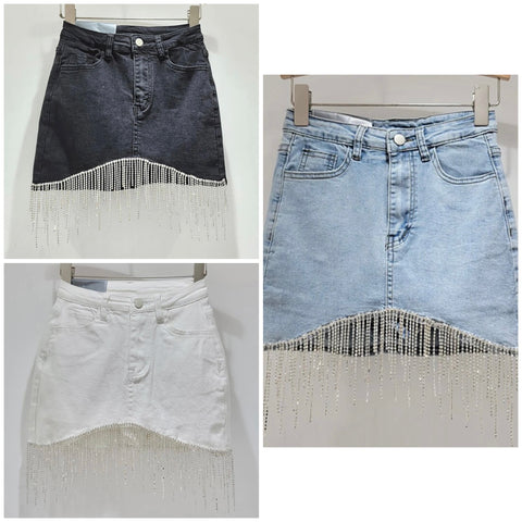 Women Fashion Bling Tassel Denim Skirt