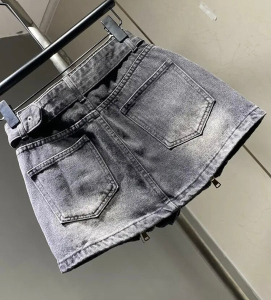 Women Fashion Buckled Zipper Denim Skirt