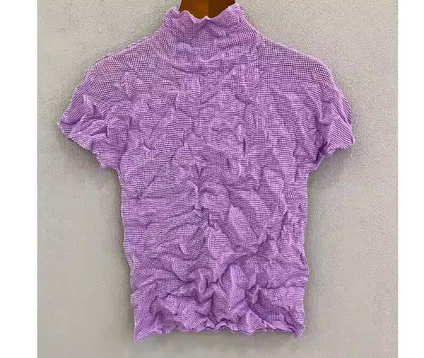 Women Color Short Sleeve Crinkle Fashion Top