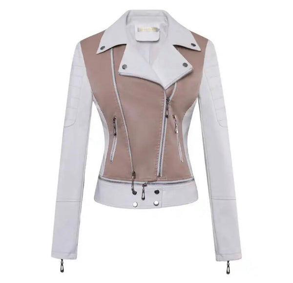 Women Fashion Color Patchwork Faux Leather Jacket