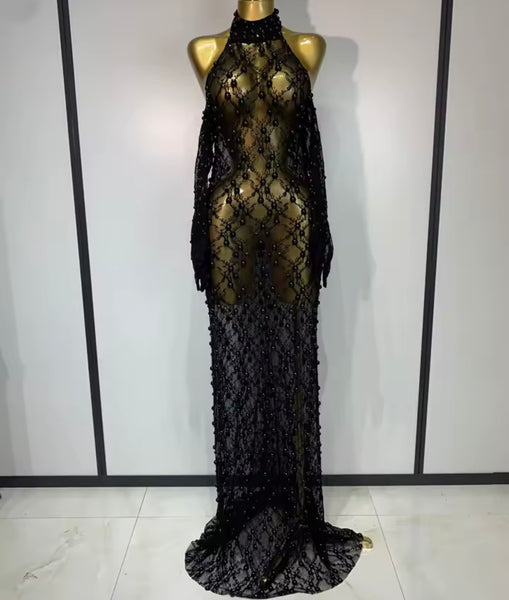 Women Black Sexy Beaded Halter Open Back Maxi Dress