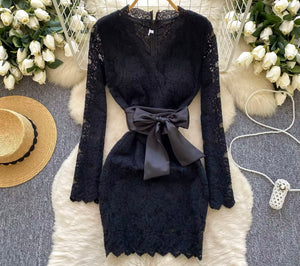 Women Sexy Full Sleeve Tie Up Sash Lace Dress