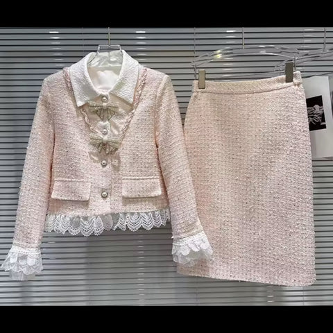 Women Bling Ruffled Button Up Pink Tweed Blazer Two Piece Skirt Set