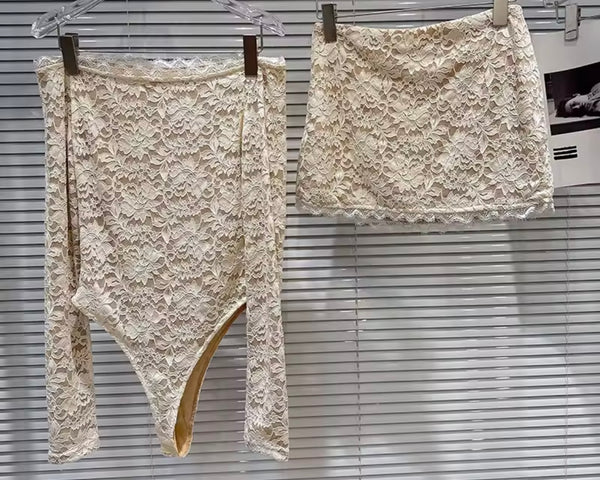Women Sexy Off The Shoulder Full Sleeve Lace Two Piece Skirt Set