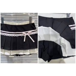 Women Sexy Fashion B&W Lace Bow Striped Pleated Skirt