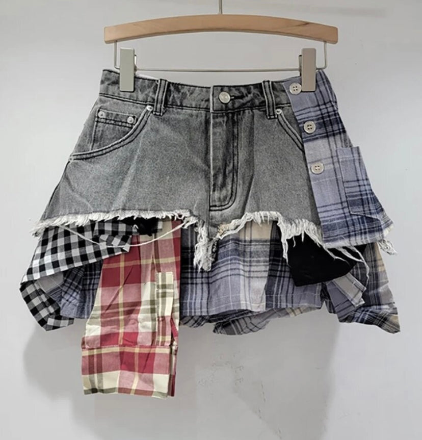 Women Fashion Colorful Plaid Patchwork Denim Skirt