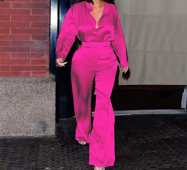 Women Color Satin Full Sleeve Two Piece Fashion Pant Set