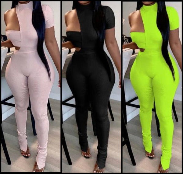 Women Sexy One Shoulder Two Piece Bodysuit Pant Set