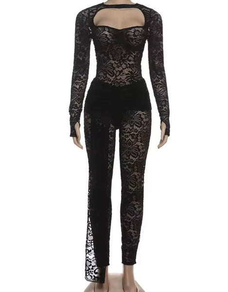 Women Sexy Lace Open Back Full Sleeve Bodysuit Two Piece Pant Set