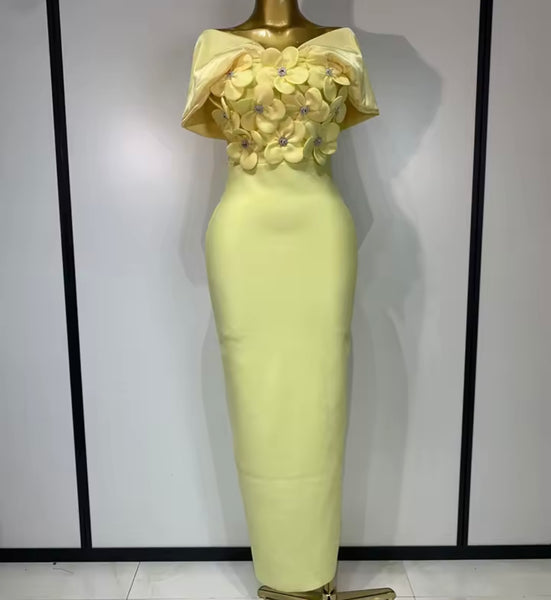 Women Yellow Floral Rhinestone Off The Shoulder Maxi Dress