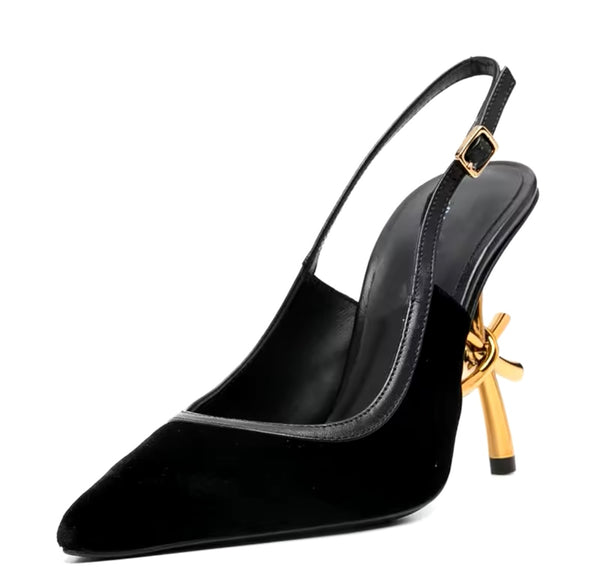 Women Pointed Toe Suede/Patent Leather Gold Heel Pumps