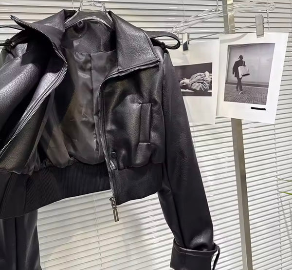 Women Black Faux Leather Fashion Jacket