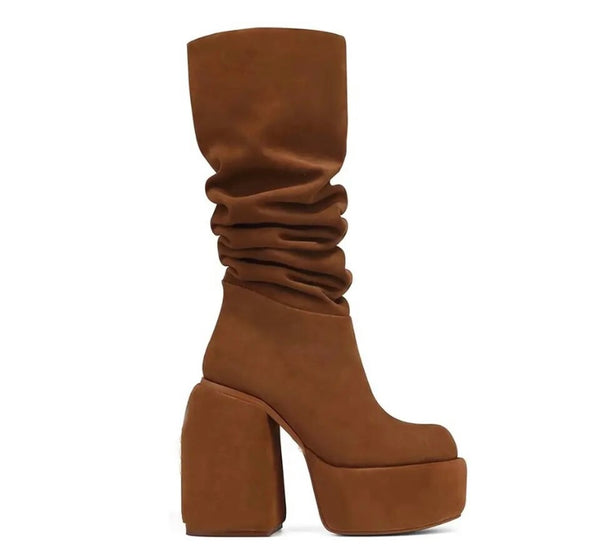 Women Fashion Suede Ruched Platform Square Heel Boots