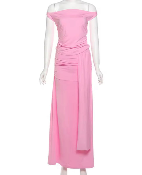 Women Off The Shoulder Solid Color Tassel Two Piece Maxi Skirt Set