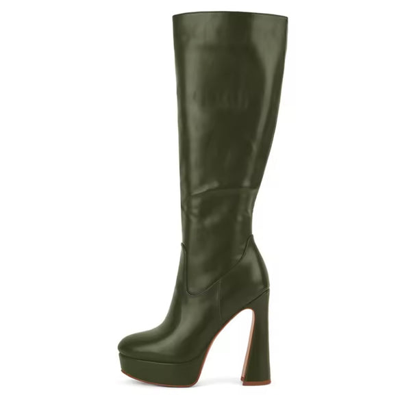 Women Color Platform High Heel Faux Leather Knee Length Boots