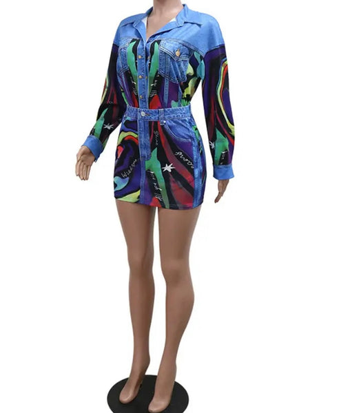 Women Sexy Full Sleeve Printed Denim Patchwork Two Piece Skirt Set