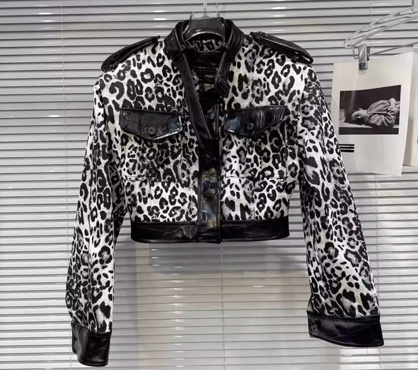 Women Fashion Animal Print PU Patchwork Jacket
