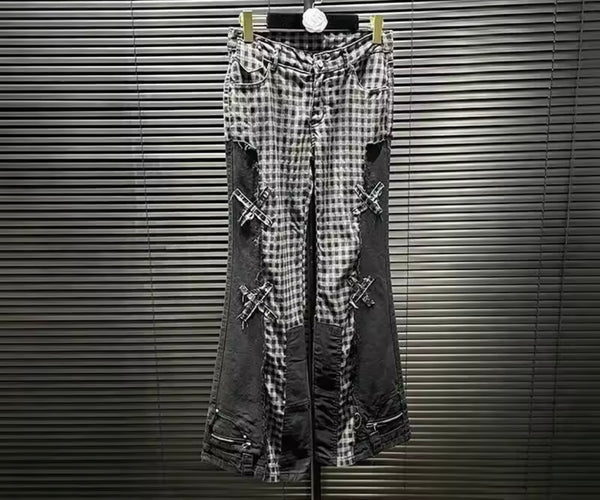 Women Fashion Plaid Patchwork Denim Pants