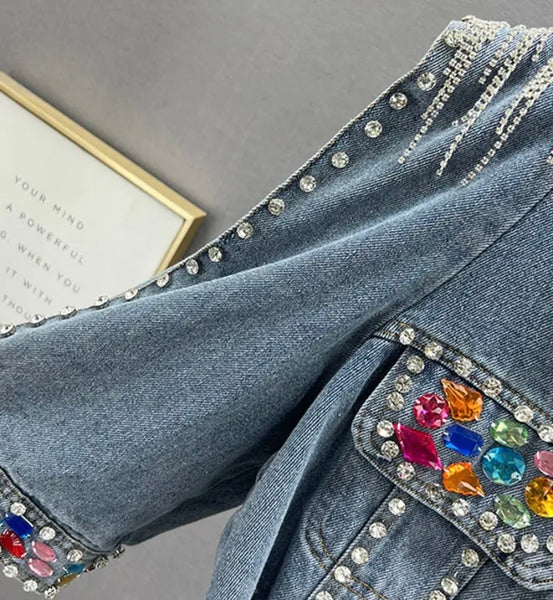 Women Fashion Pearl Rhinestone Denim Jacket