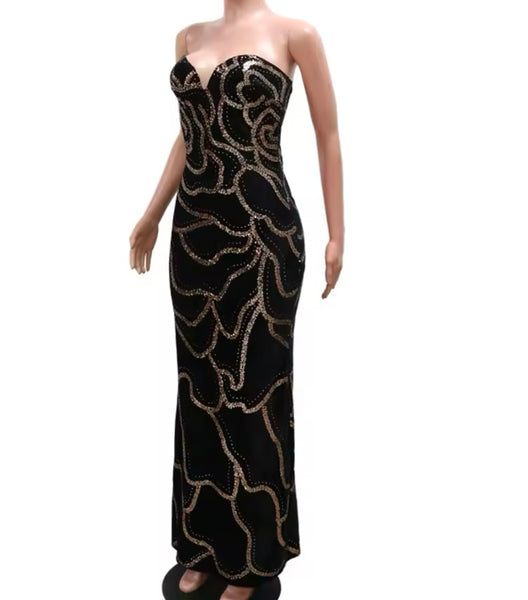 Women Sexy Strapless Sequins Maxi Dress