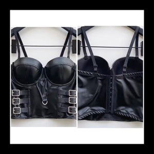 Women Sleeveless Black Buckled Fashion Faux Leather Crop Top