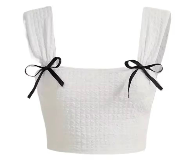 Women Sexy B&W Bow Short Sleeve/Sleeveless Two Piece Skirt Set