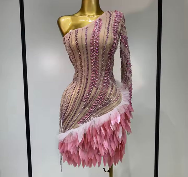 Women Sexy One Shoulder Full Sleeve Rhinestone Feather Dress