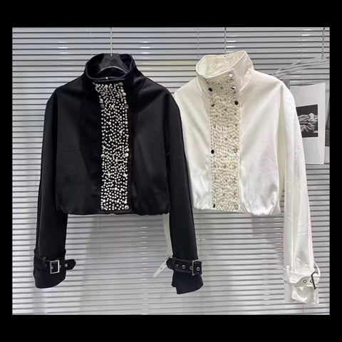 Women Fashion Pearl Bling Buckled Jacket