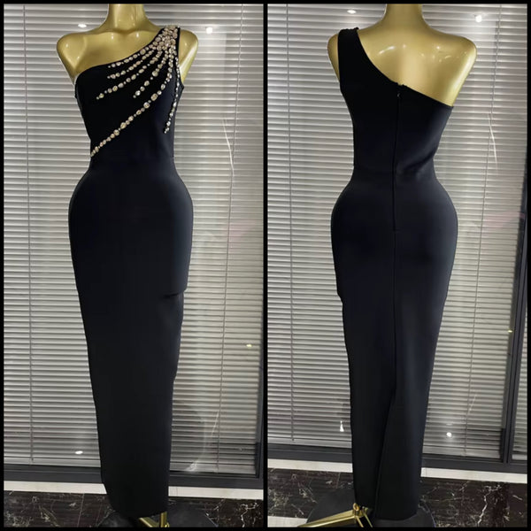 Women Black Rhinestone One Shoulder Sleeveless Maxi Dress