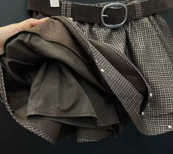 Women Rivet Zip Up Plaid Jacket Two Piece Ruffled Skirt Set