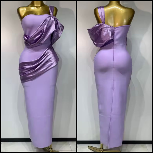 Women One Shoulder Strapless Draped Purple Maxi Dress