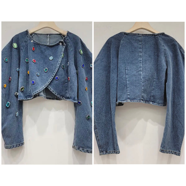 Women Fashion Colorful Gem Denim Jacket