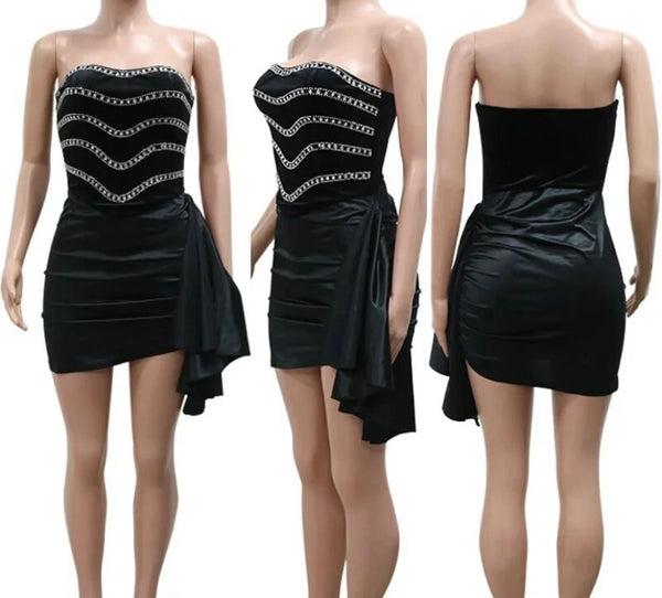 Women Sexy Strapless Bling Rhinestone Ruched Dress