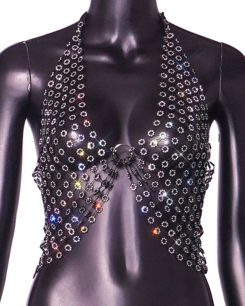 Women Sexy See Through Bling Halter Sleeveless Crop Top