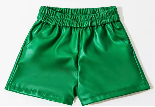 Women Fashion Color Elastic Waist Faux Leather Shorts