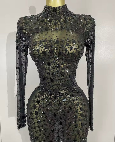 Women Sexy Color Crystal Feather Full Sleeve Mesh Maxi Dress