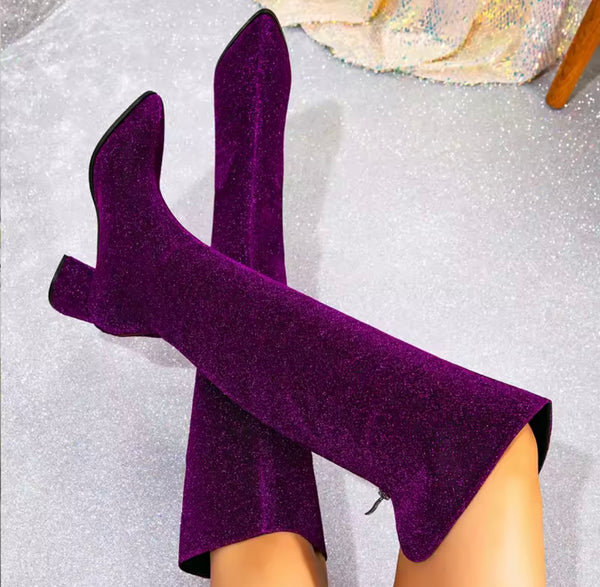 Women Purple Sparkly Fashion Knee High Boots