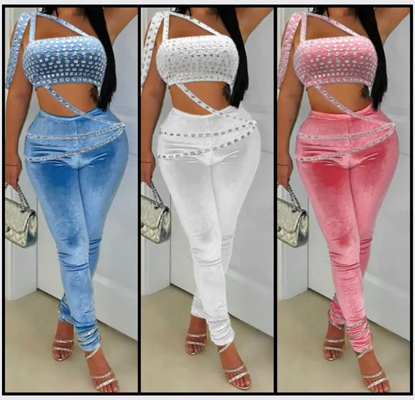 Women Sexy Sleeveless Bling Velour Two Piece Pant Set